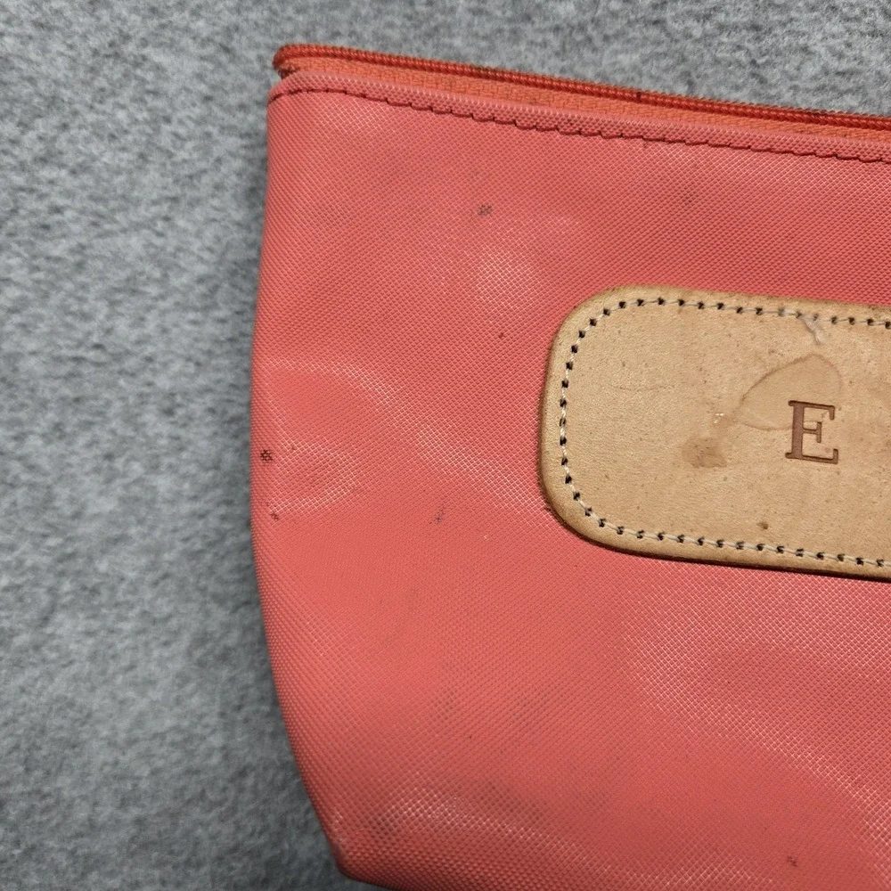 Jon Hart Clutch Womens Small Pink Canvas Leather Zip Cosmetic Pouch Monogram E